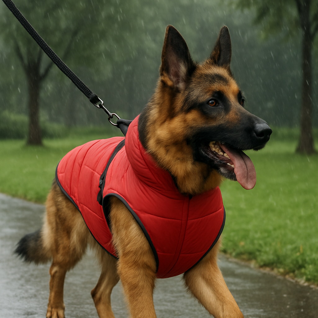 German Shepherd in a red raincoat walking on a wet path with trees in the background.